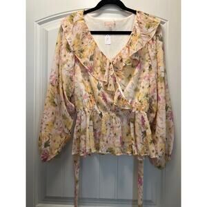 NWT Lovecolette Women’s Floral Blouse V-Neck‎ Ruffle Long Sleeve Top Sz L Yellow